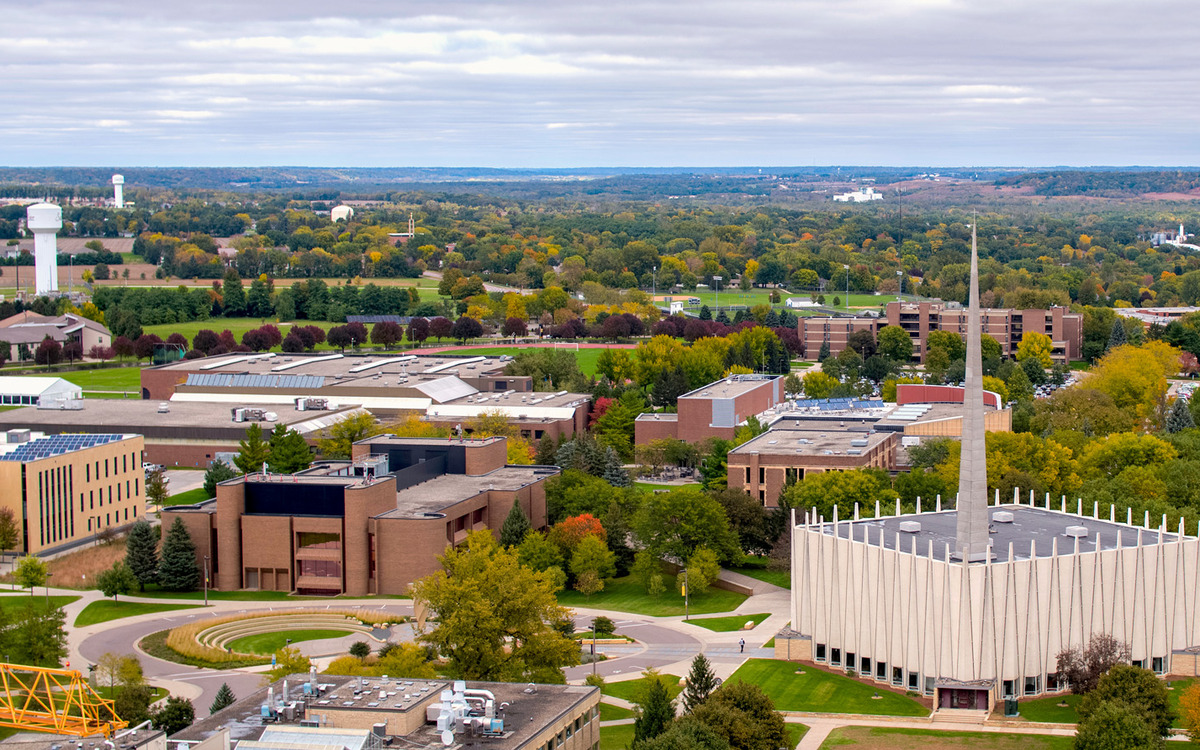 Aerial view of Gustavus campus to the northwest including Christ Chapel, Jackson Campus Center, and Lund Center.